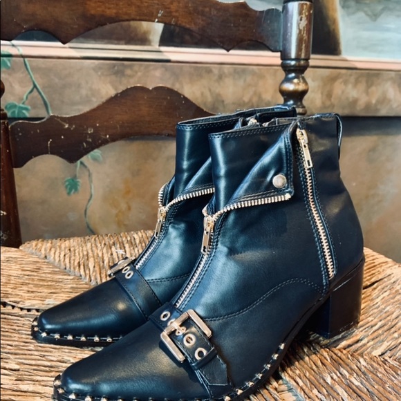 ✨Black Moto Ankle Boots Gold Zips Buckle Studs✨6.5 - Picture 9 of 13